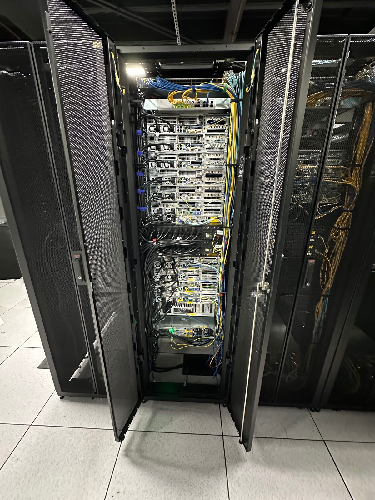 Rear of an open server cabinet in the Las Vegas data center