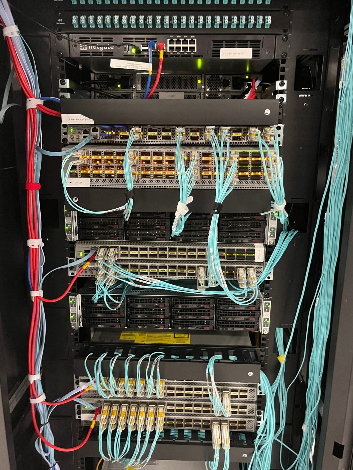 Network equipment and fiber patch panels in Sharktech’s Las Vegas data center