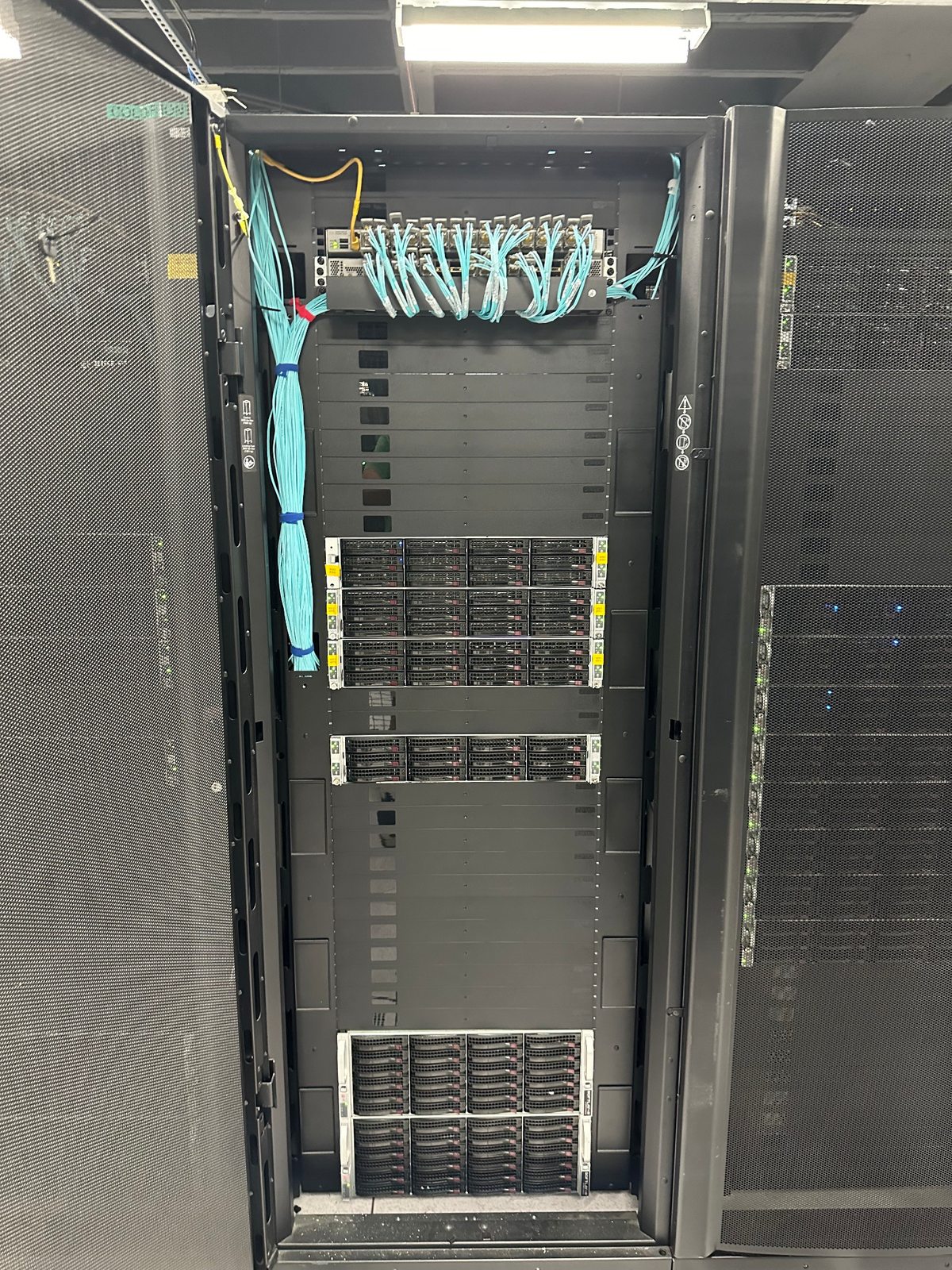 Server rack with fiber connections in the Las Vegas data center
